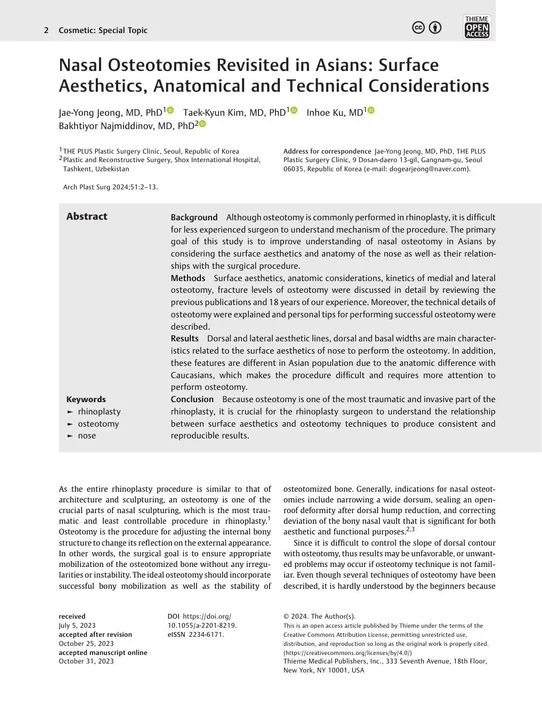 Nasal Osteotomies Revisited in Asians: Surface Aesthetics, Anatomical and Technical Considerations 학술활동 이미지