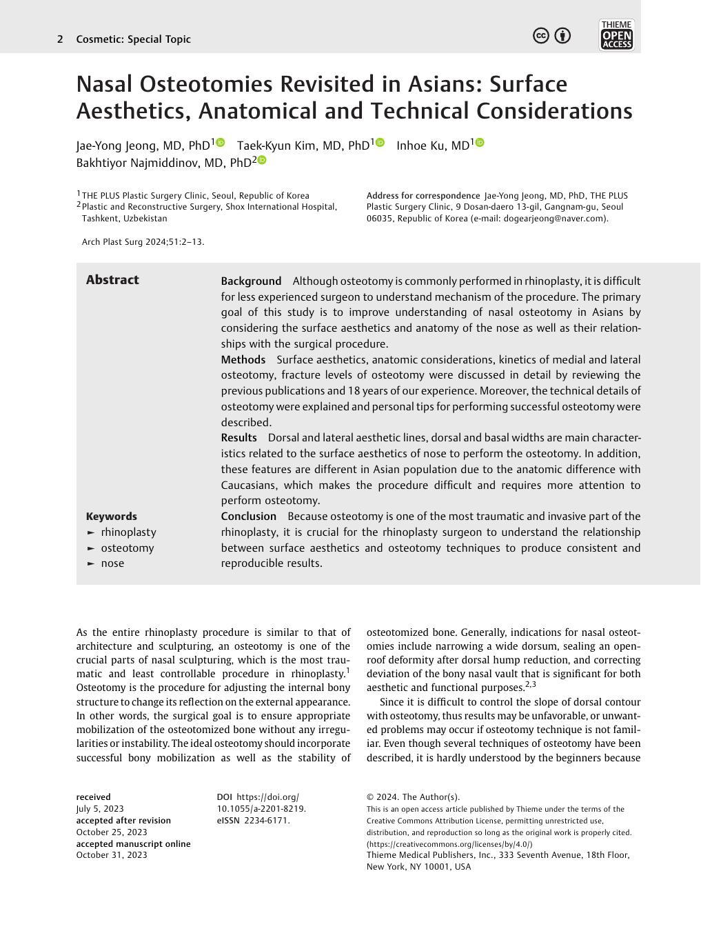 Nasal Osteotomies Revisited in Asians: Surface Aesthetics, Anatomical and Technical Considerations