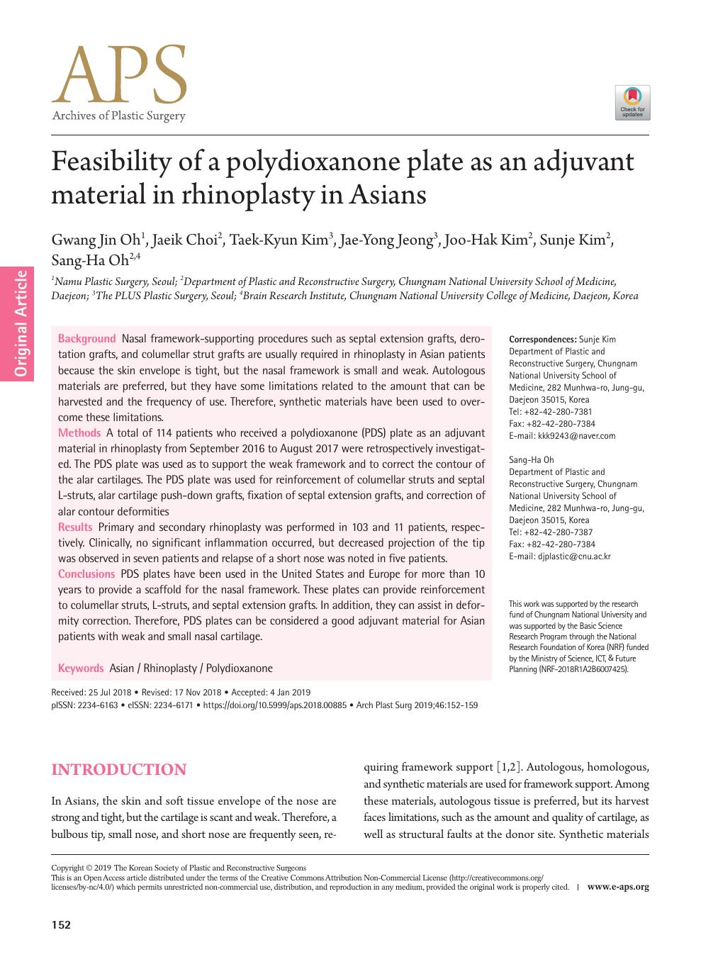Feasibility of a polydioxanone plate as an adjuvant material in rhinoplasty in Asians