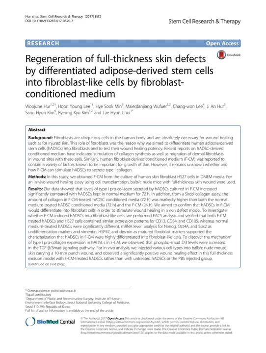 Regeneration of full-thickness skin defects by differentiated adipose-derived stem cells into fibroblast-like cells by fibroblast-conditioned medium 학술활동 이미지