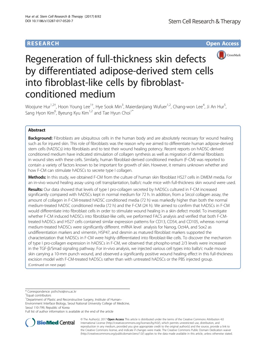 Regeneration of full-thickness skin defects by differentiated adipose-derived stem cells into fibroblast-like cells by fibroblast-conditioned medium
