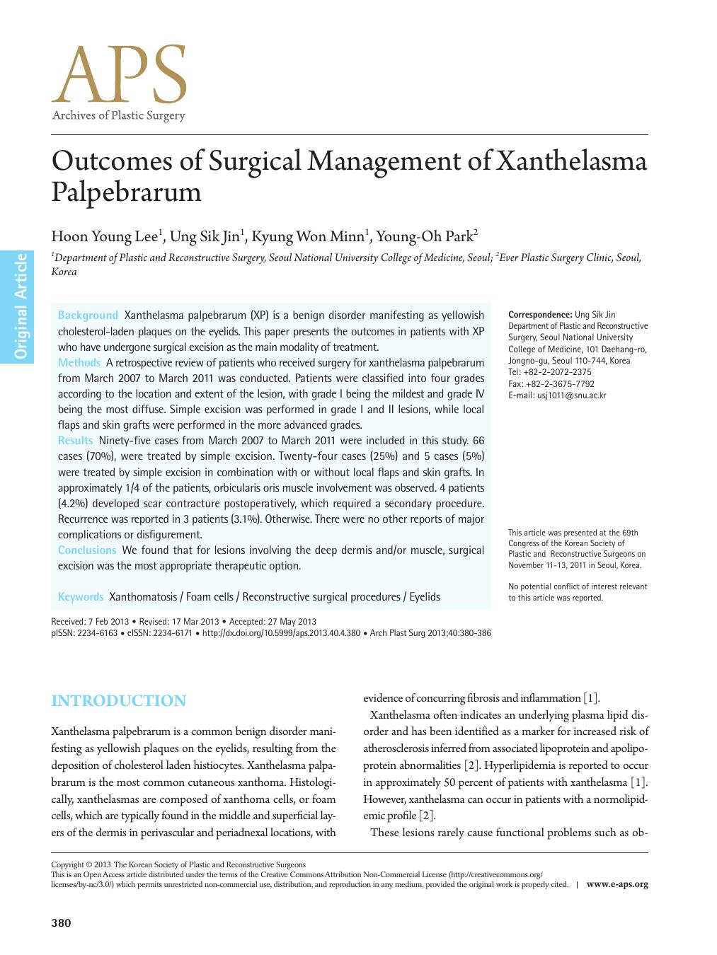 Outcomes of Surgical Management of Xanthelasma Palpebrarum